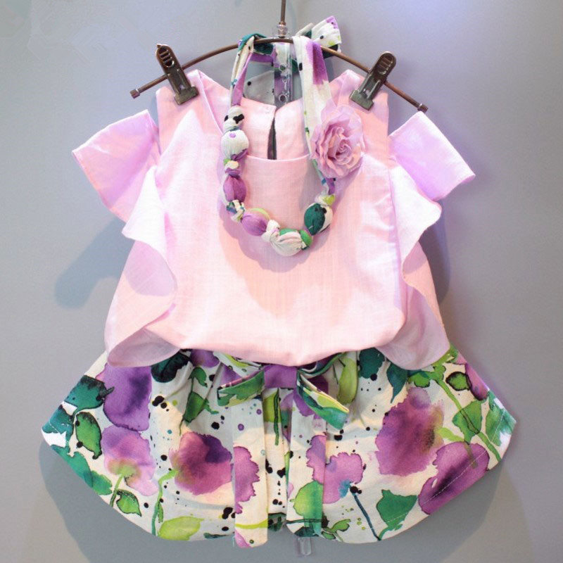 AiLe Зајакот 2017 Девојки Мода Пурпурна Облека поставува Strapless Блузи и Цветни Панталони и Ѓердани 3 компјутери на