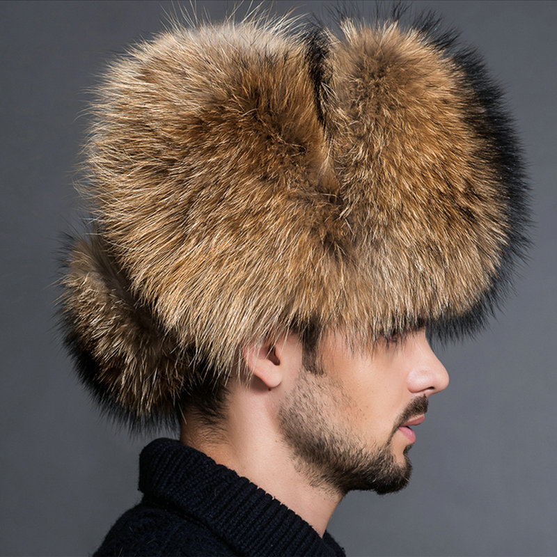 2017 НОВА Природна Боја на Крзно Шапка Сибирскиот Стил Крзно Шапка Raccoon Целосна Ushanka Капа за средовечни памук капа