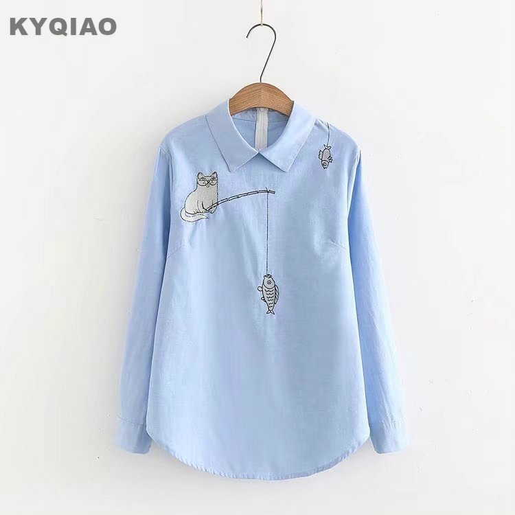 KYQIAO Сина кошула 2018 mori девојки есен пролет Јапонски стил свежи долг ракав се сврти надолу јака мачка риба везови