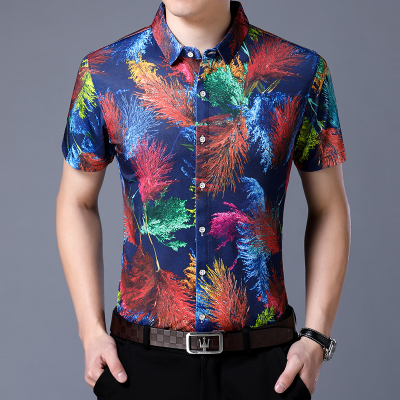 2018 нови пристигнување машки модни шарени ленти облечи кошули на кратки ракави флорални облека кошули