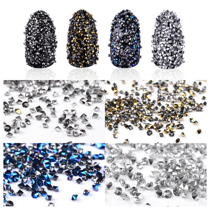 1 кутија околу 1000pcs микро конус кристал остри кристал помине уметност накит посочи назад помине дијамант злато/сребрена/сино
