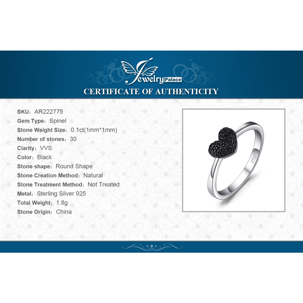 JewelryPalace Мода 0.14 кт Природни Црното Spinel Љубов Срцето Прстени За Жени 925 Фунта Сребрена Свадба Подароци