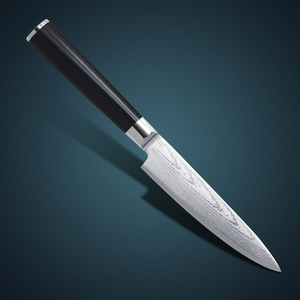 Huiwill нова кујна комунални нож 5 Јапонски VG10 Дамаск челик кујнски Комунални/Универзален нож со фалсификувани Црна G10 рачка