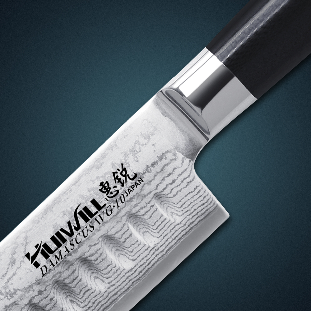 Huiwill бренд 7 Јапонски VG10 Дамаск јаглерод, од нерѓосувачки челик кујнски santoku готвач нож со фалсификувани G10 се справи со кујна алатка