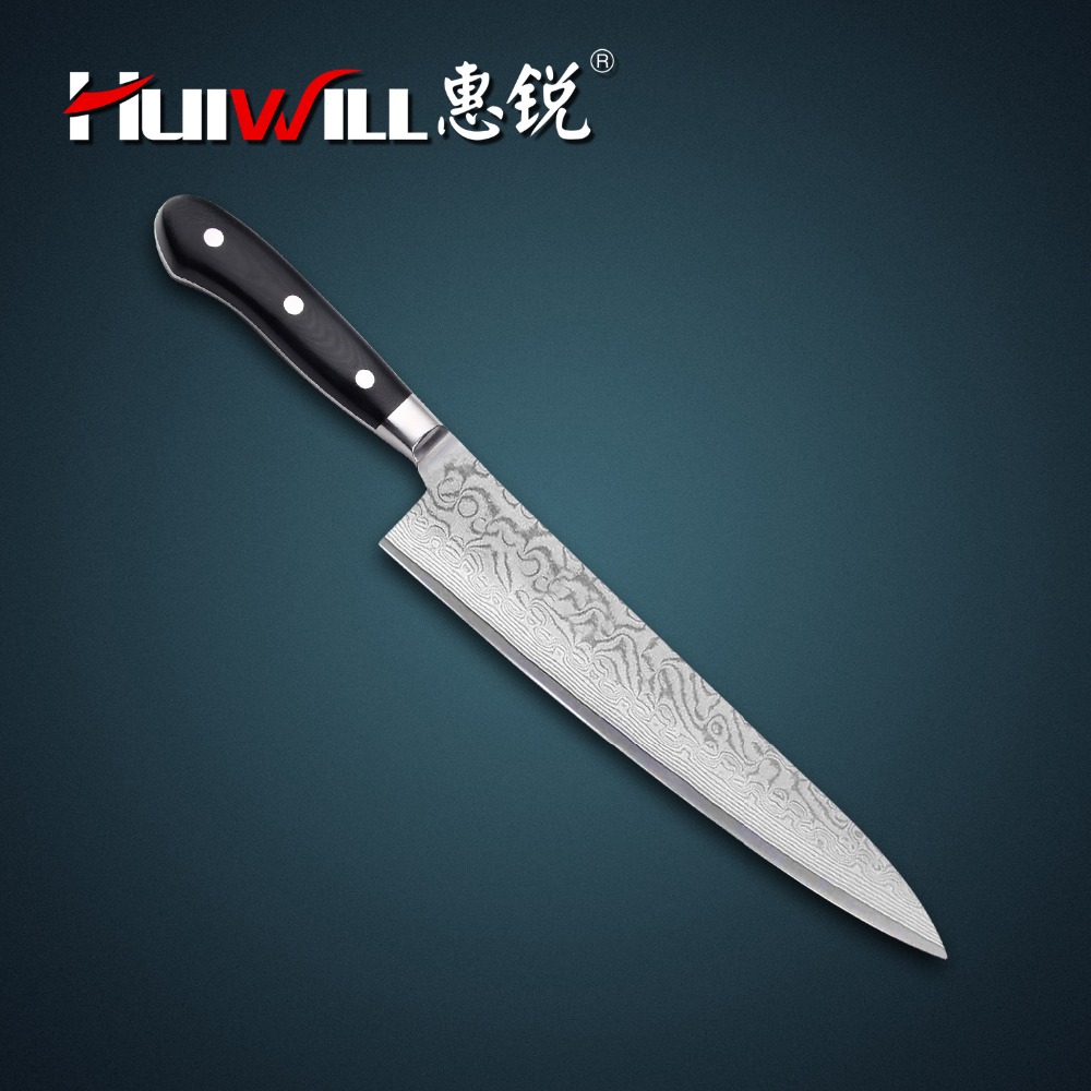 Huiwill бренд дамаск нож 9 Јапонски VG10 Дамаск челик кујнски готвач нож со фалсификувани Pakka дрво се справи со бесплатен