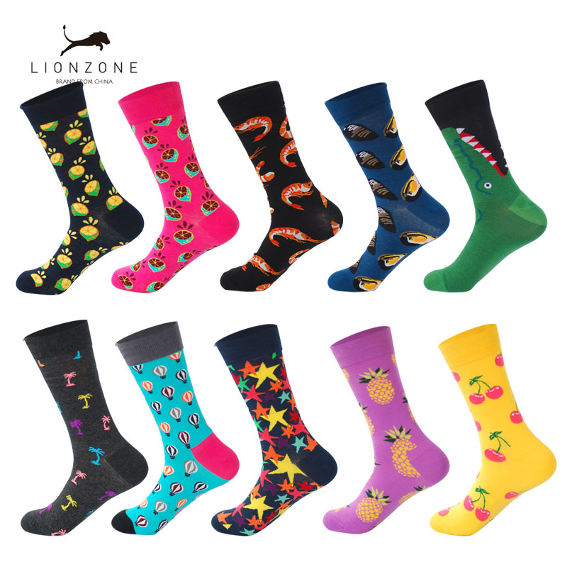 LIONZONE 10Pairs/Многу Смешно Чорапи Мажите Calcetines Divertidos Подароци за Мажи Шарени Дизајнер Бренд Среќен Чорапи