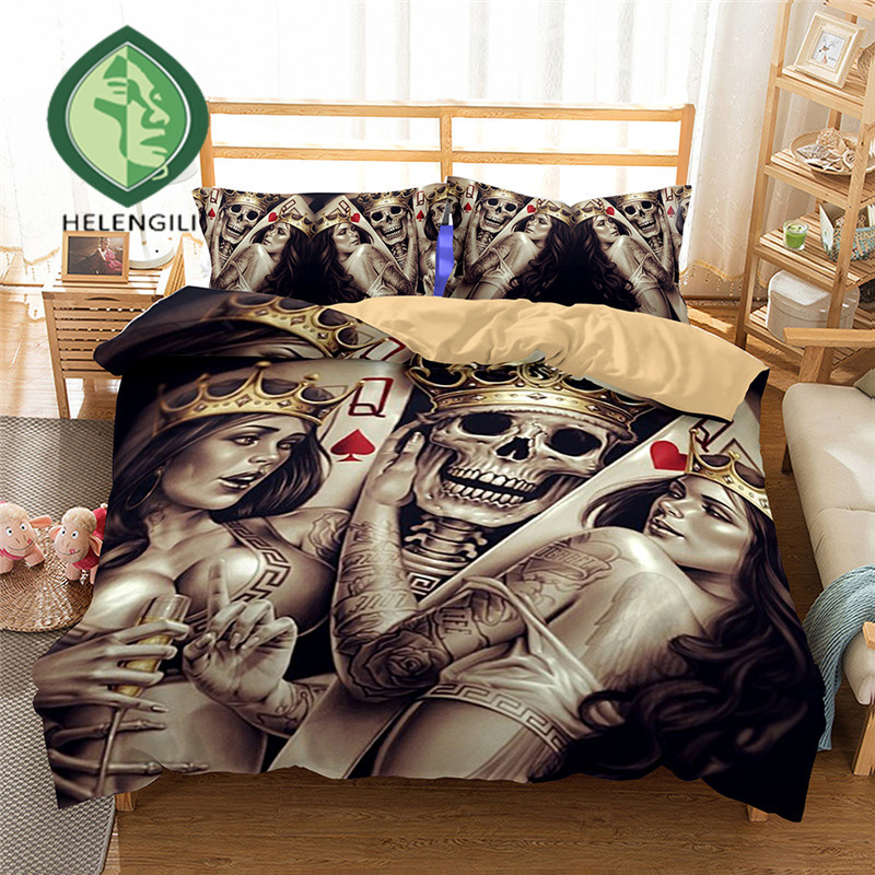 HELENGILI 3D Постелнина Поставите черепот Печати Прекривки покрие поставите lifelike bedclothes со pillowcase кревет