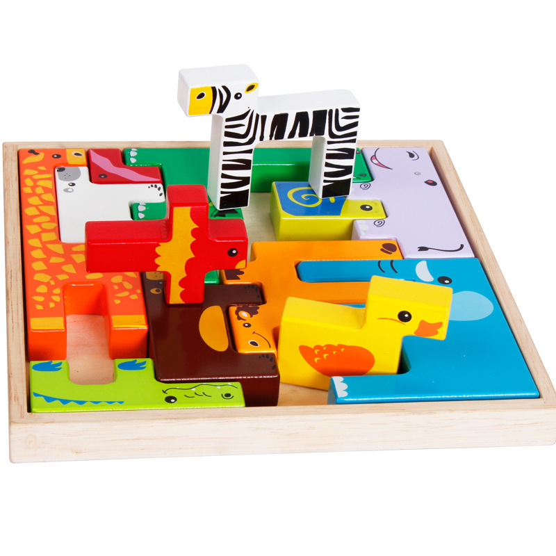 Бесплатен превозот Бебе Дрвени животинско креативни блокови, Деца изградба на блокови стереоскопски едукативни играчки