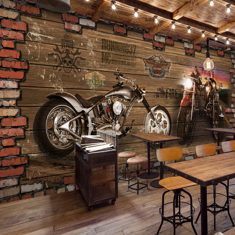 Сопствени 3d mural Интернет кафулиња 3D Гроздобер Мотоцикл автомобил дрво ѕид од тули Европската ретро Кафе спалната