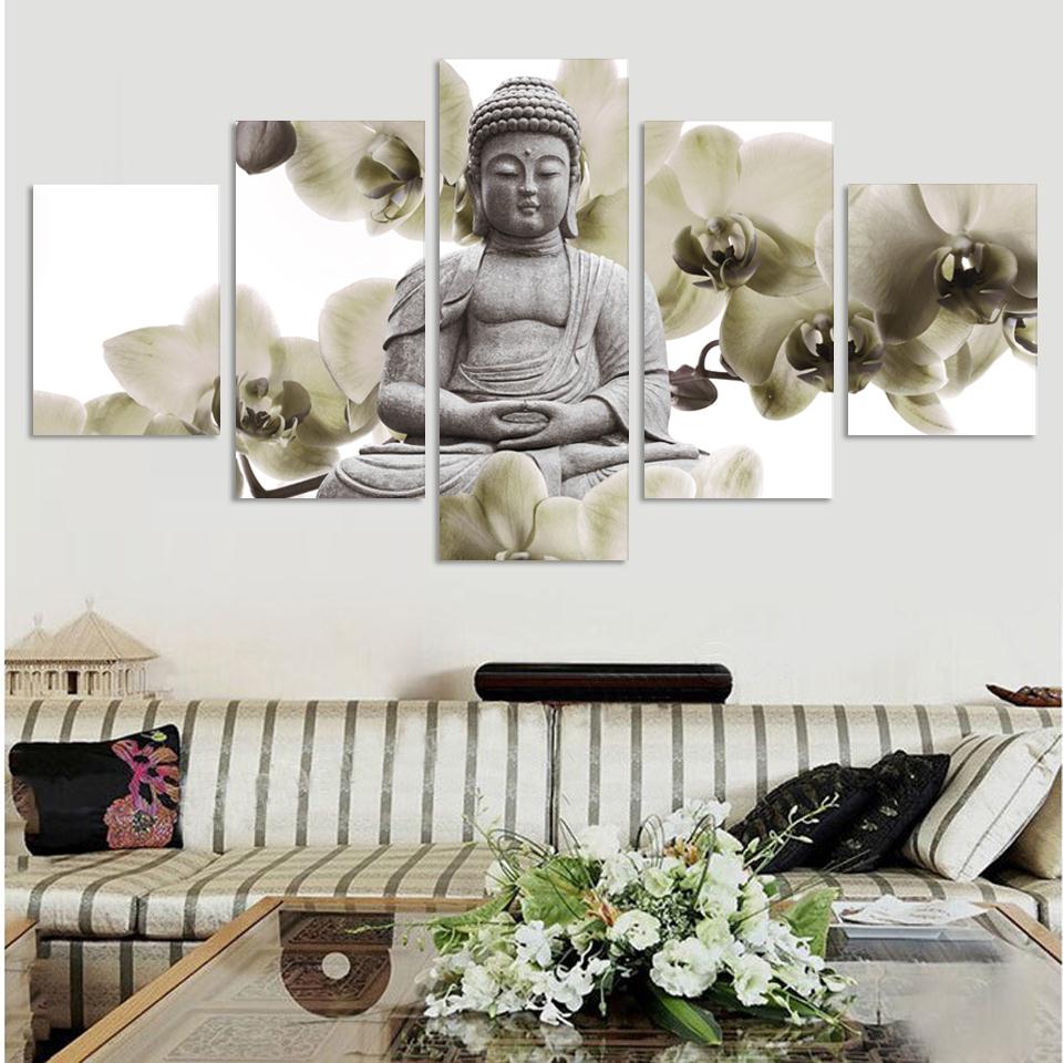 Формулиран 5 Панел Големи орхидеи позадина Буда Сликарство Fengshui Платно Уметност Ѕид Слики за Дневна Соба Дома Декор