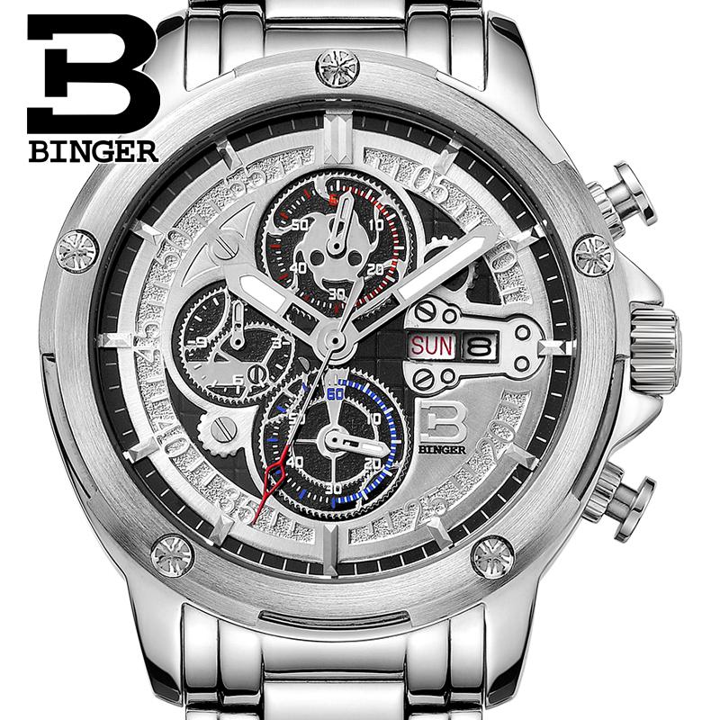 Швајцарија мажите се види луксузен бренд часовник BINGER Кварц мажите часовници целосна нерѓосувачки челик Хронограф