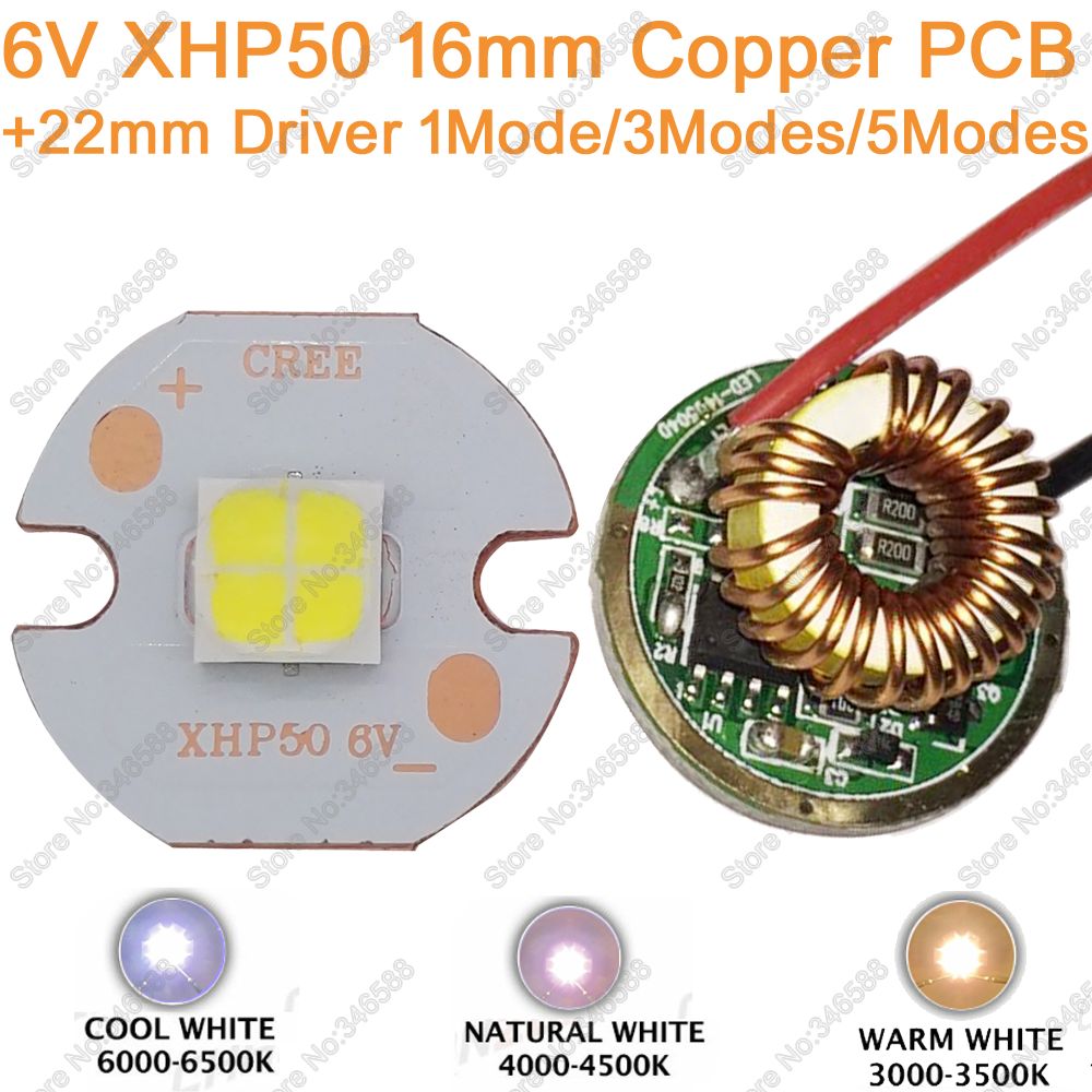 Кри XHP50 Кул Бело Неутрален Бело Топло Бела Висока Моќност ПРЕДВОДЕНА Emitter 6V 16mm Бакар PCB + 22mm 1Mode / 3modes / 5Modes Возачот