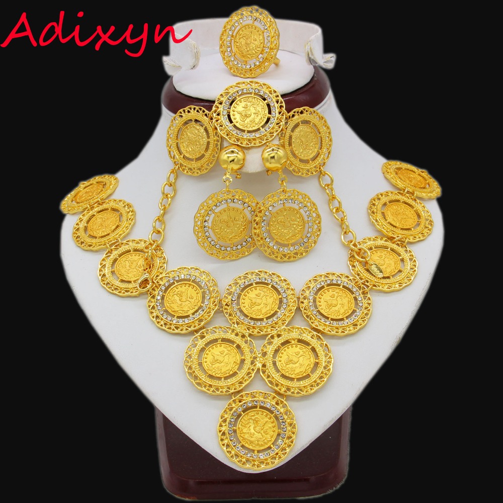 Adixyn Турција Монета Ѓердан/Earring/Прстен/Хривнија Накит Сетови За Жените Златна Боја Монети Арапски/Африкански Булчински Свадба Подароци