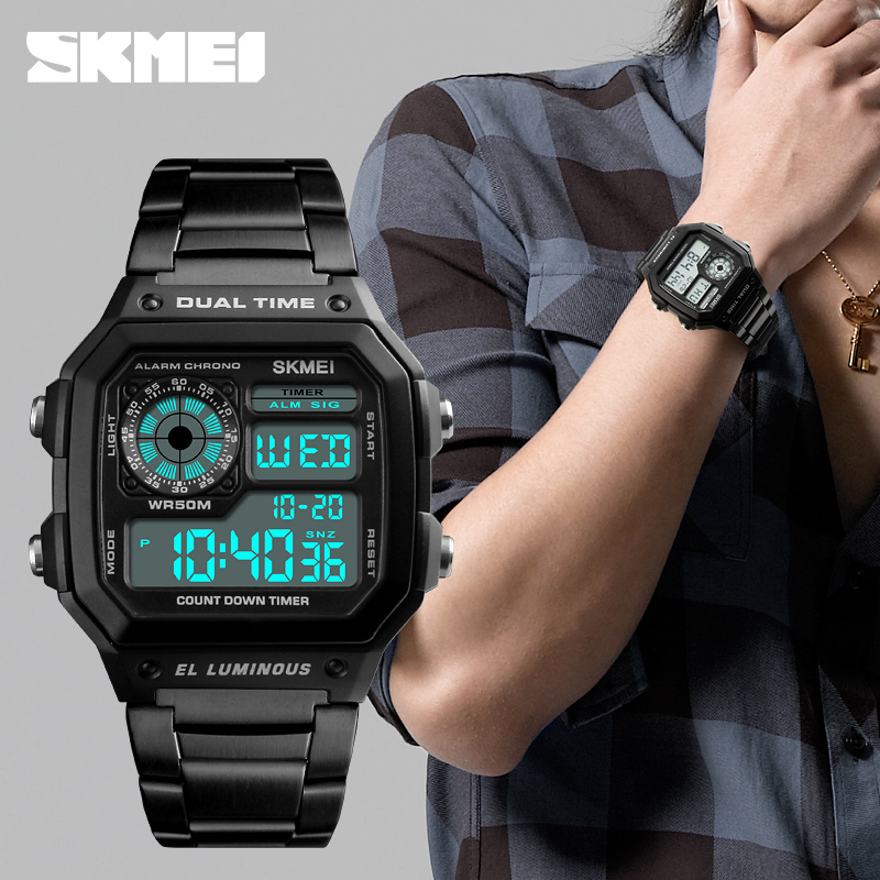SKMEI Mens Дигитални рачни часовници Врвот Бренд на Луксузни Mens Часовници Нерѓосувачки Челик Водоотпорен Мода Спорт