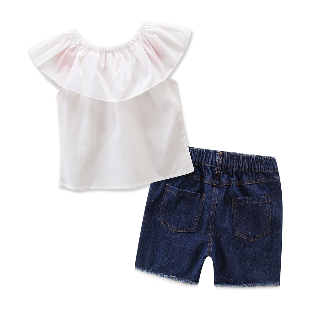 Бебе Девојки Облека Лето Мода 2 парчиња Децата Одговараат на Бели Ракави Цветни Печатење на Блузи+тексас Шорцеви Девојки Облека Сет за 2-7Y