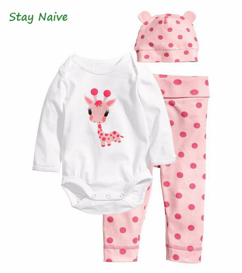 2017 Нови памук деца Мики Мини бебе момчиња девојчиња поставува облека 3pcs(со Долги ракави Romper+шапка+панталони)деца