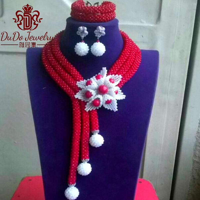 Топла Црвена Најновите Дубаи Дизајн На Накит Сетови Бел Цвет Африкански Нигериската Бисери Ѓердан Поставува Мода Свадба Партија Жените Монистра