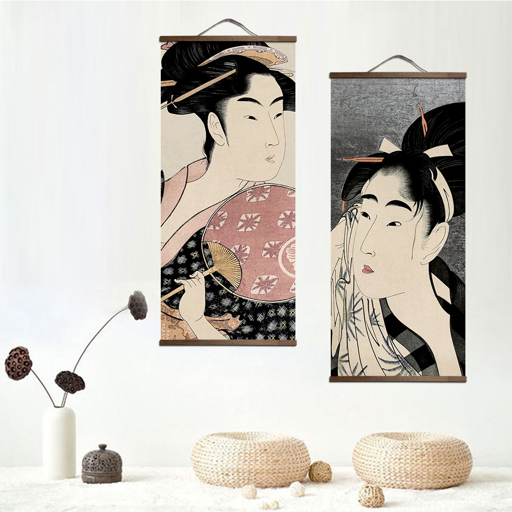 Јапонски Ukiyoe платно за сликање постери и отпечатоци декорација ѕид уметност дома декор со цврсто дрво виси скролувајте