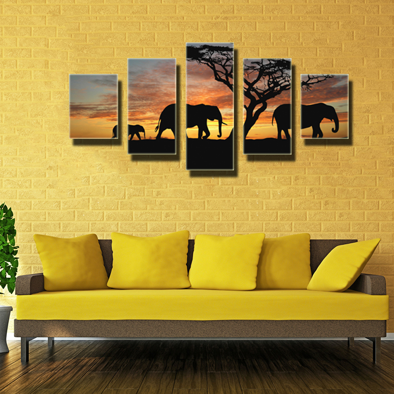 5 Панел Современи Печатени Африкански Слон маслото платно слика Декорација Ѕид Уметност На Живеење Формулиран