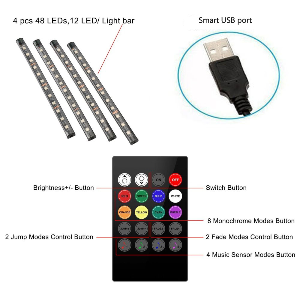 USB Автомобил LED5050RGB Мулти-боја Музика Автомобил Внатрешни работи Светлината LED Светилка со Гласовна Контрола и Безжичниот Далечински Управувач Поставите 5V