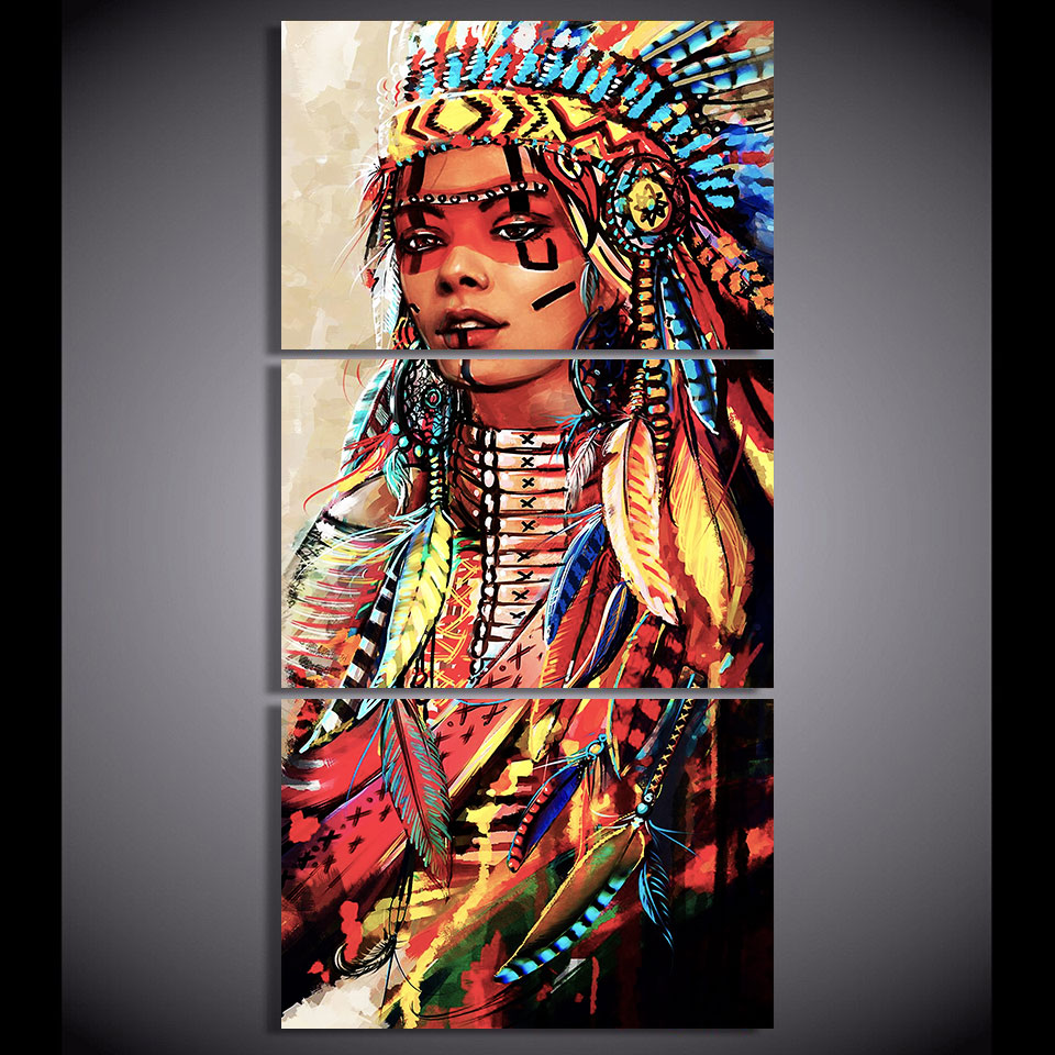 HD печатени 3 парче Платно Уметност Мајчин Американски Индијански Жена Сликарство Пердувести Ѕид Уметност за дневна соба Бесплатен превозот NY-7263C