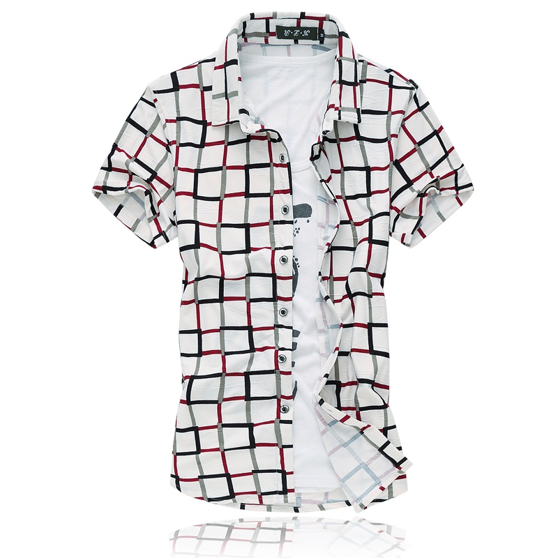 Лето големи дворови кошула со кратки ракави XL MENS мода прекумерно Plaid Кошула тенка еластична mercerized памук машки