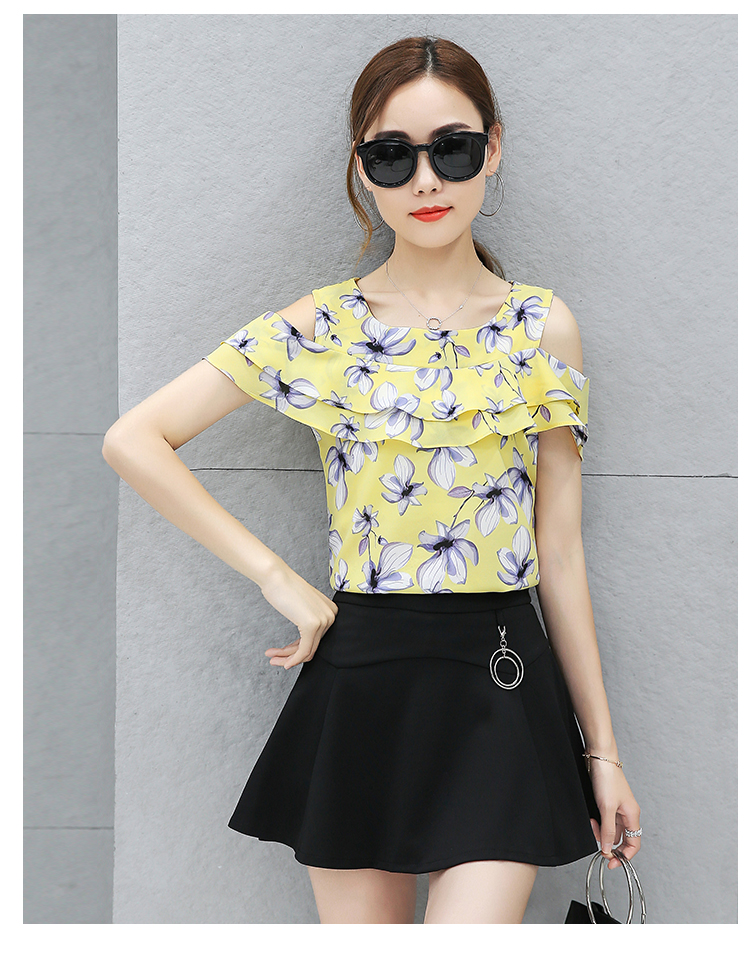 2017 лето нови кратки ракави о вратот печати chiffon кошула корејски мода chiffon lotus leaf Strapless жените блуза врвот 62G 30