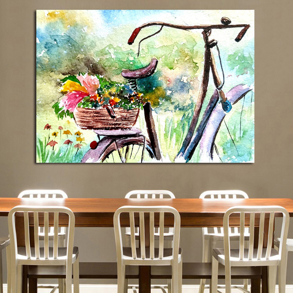 JQHYART Апстрактно Сликарство Цвеќиња Со Велосипед Ѕид Слики За Дневна Соба Платно Уметност Дома Декор Модерна Без Рамка