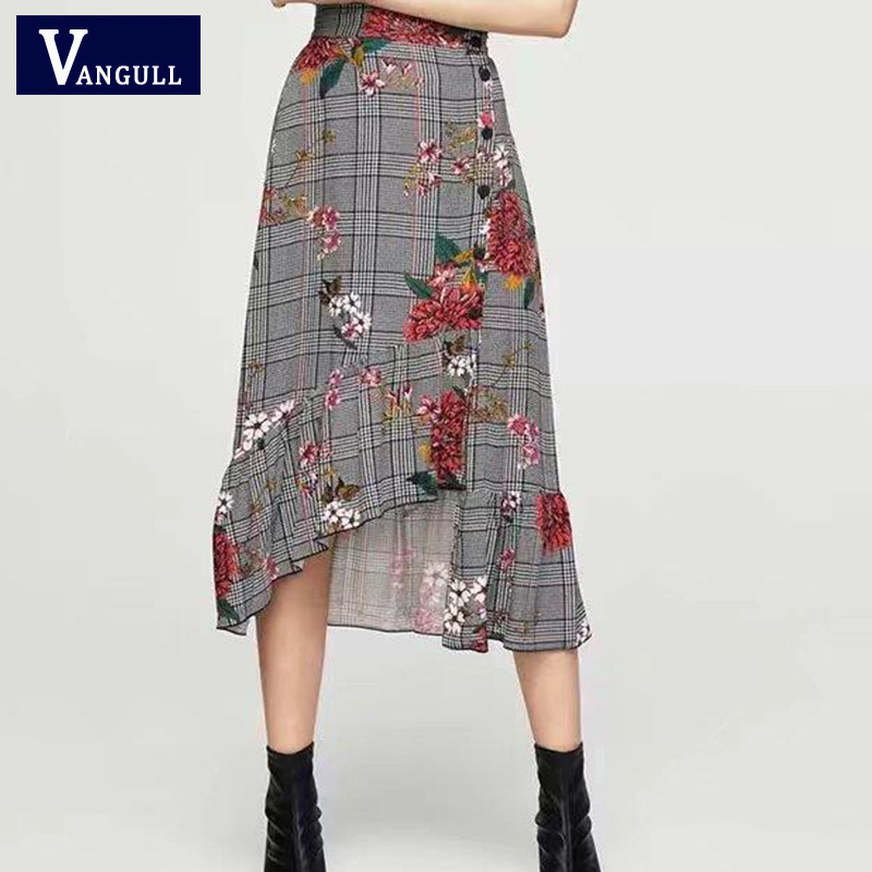 жените цветни печати plaid нерегуларни крои возбудува полите здолниште со висок еластичен појас мода плима здолниште VANGULL 2018 лето пролет