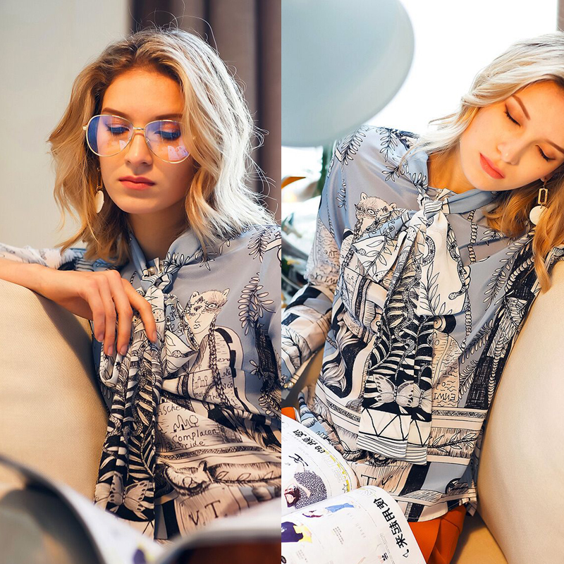 Висок квалитет 2017 Нова мода Долг Ракав Печатење Блуза&Кошула Дама Мода High-end Бутик Mulberry Свила Блуза Секојдневен Носат