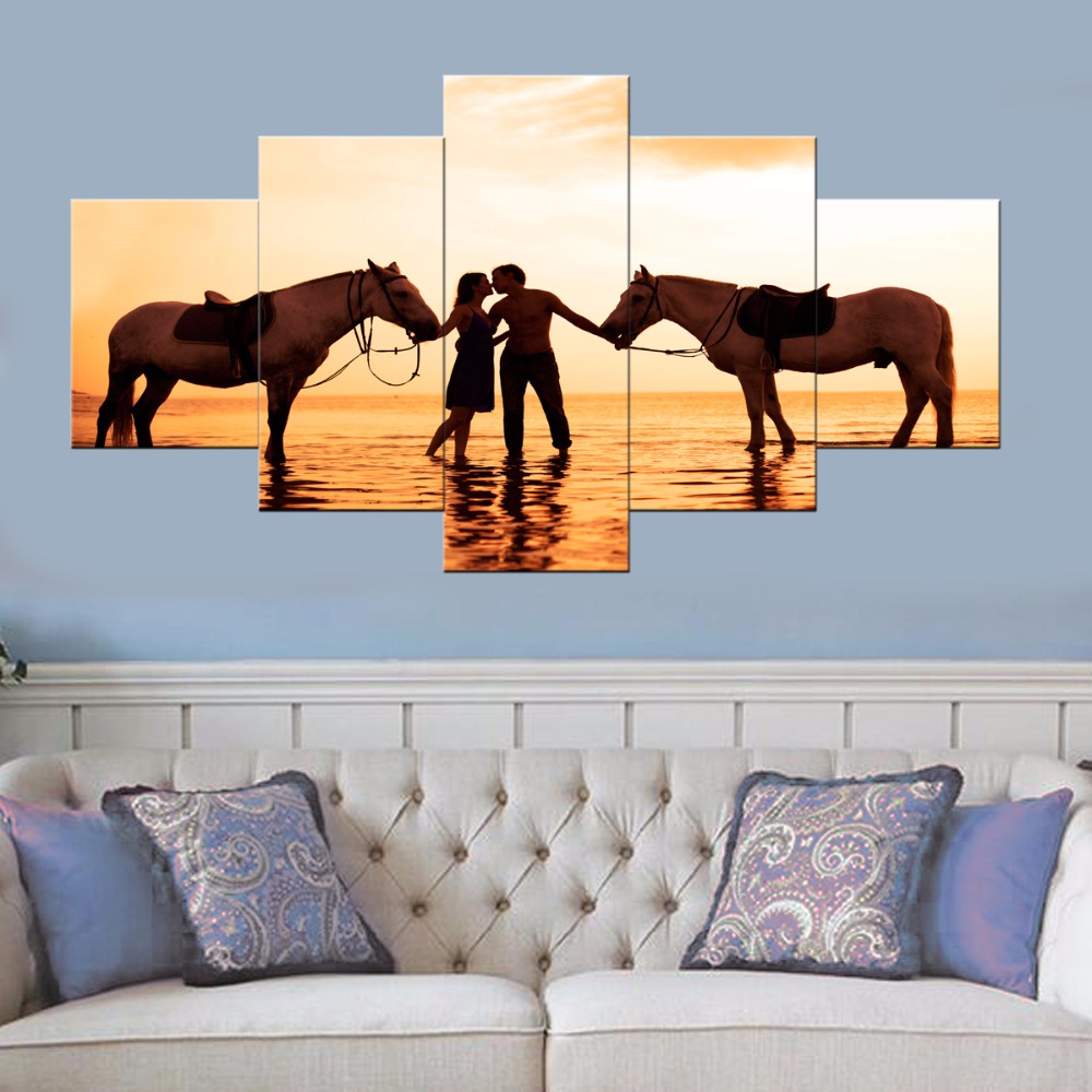 маслото Романтично Зајдисонце Морето на Плажа Љубовници, со коњи Модуларен Платно Печатење на ѕид слики дневна соба cuadros