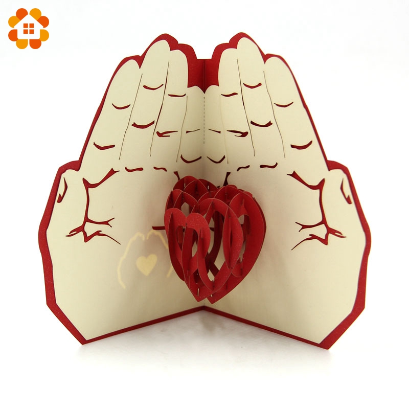 3D Pop-Up Поздрав Картичка за Денот на Вљубените Подарете Љубов Во Рака на Срце Разгледница Појавување Плик Ласерски Сече Брак Љубов Пост Картичка