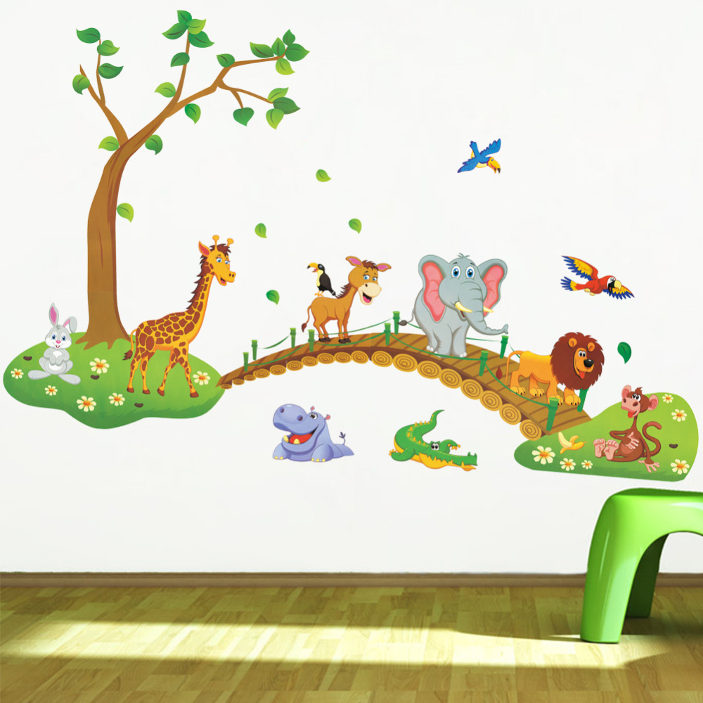 * 3D Цртан филм Џунглата диви животни дрво мост лав Жирафа слон птици и цвеќиња ѕид налепници детска соба дневна соба