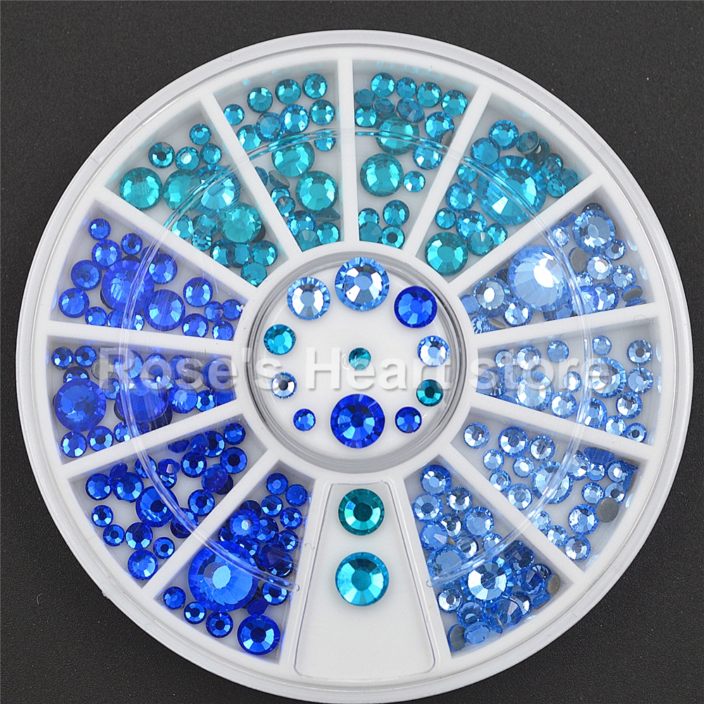 Мешани големини сини Кристал Помине Rhinestones Рамен Дното Круг 3D Оркестарот Тркала Нокти сјајот Помине Уметност Украси 2mm-6mm