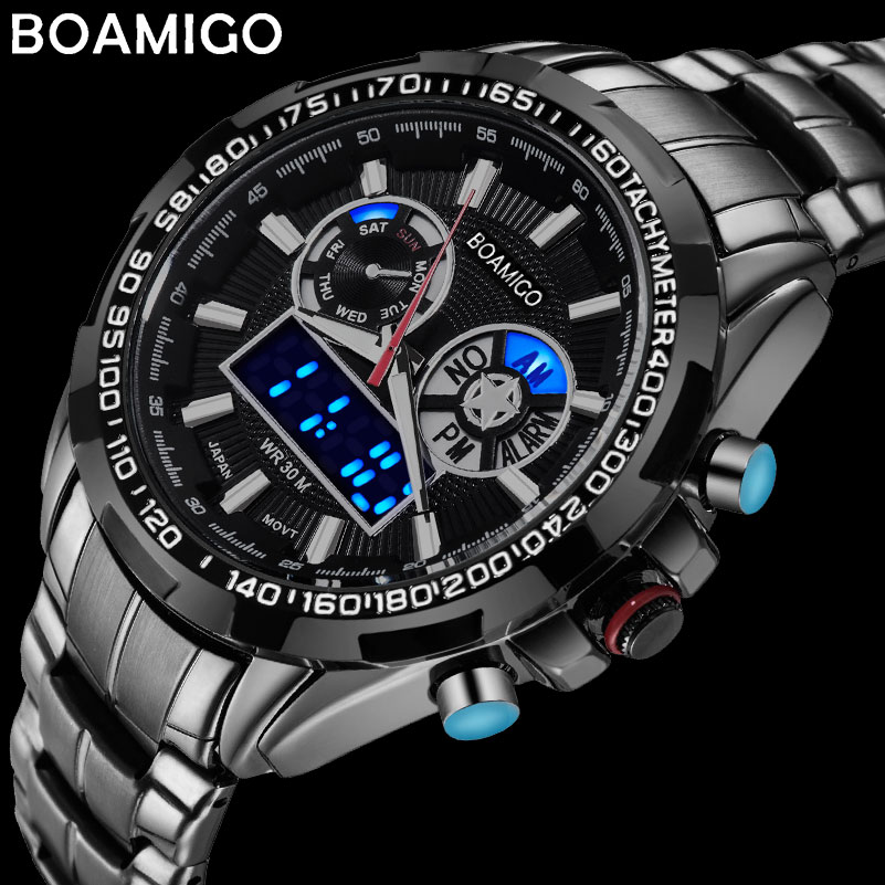 BOAMIGO Бренд Мажи Спортски Часовници Секојдневен Часовници Кварц Луксузни Воена LED Дигитални Часовници Водоотпорен Челик рачни часовници Reloj