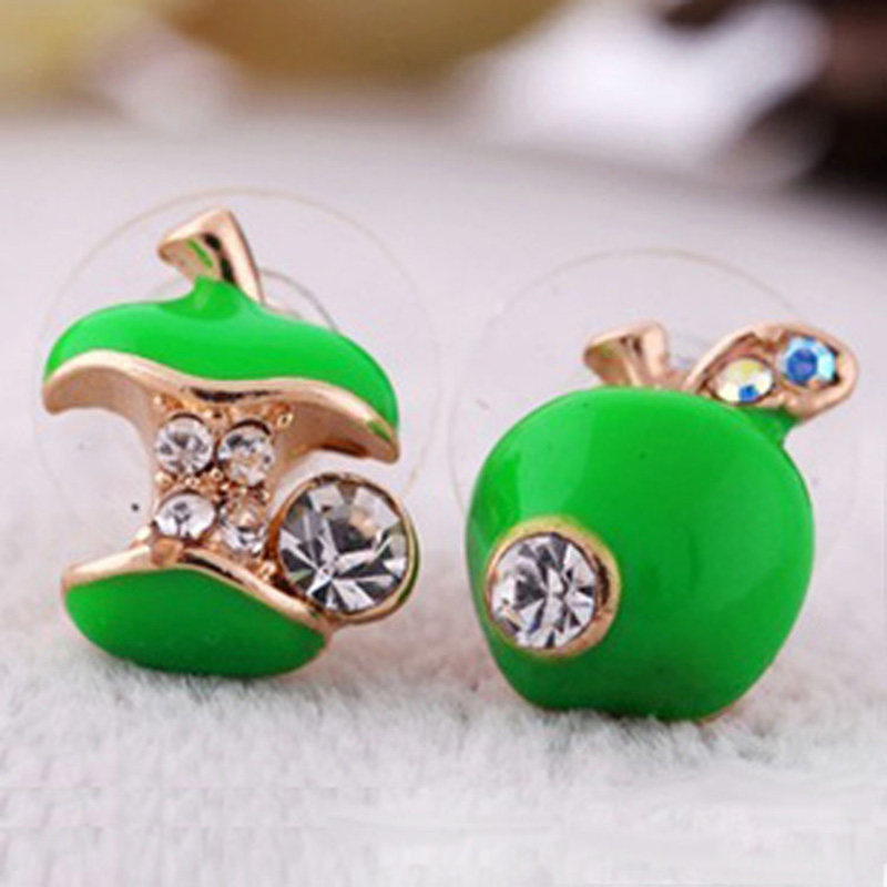 10 пара/многу Златна Боја Црвена Зелена Асиметрични Apple Обетки За Жените Глеѓ Кристал Студ Earring Мода Кристал Накит