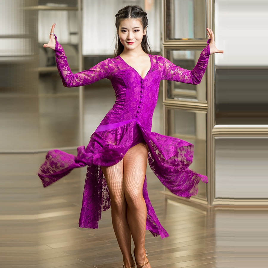 чипка пурпурна чипка латинска фустани за танцување латинска танц облечи жените модерен танц носии за танц салса румба