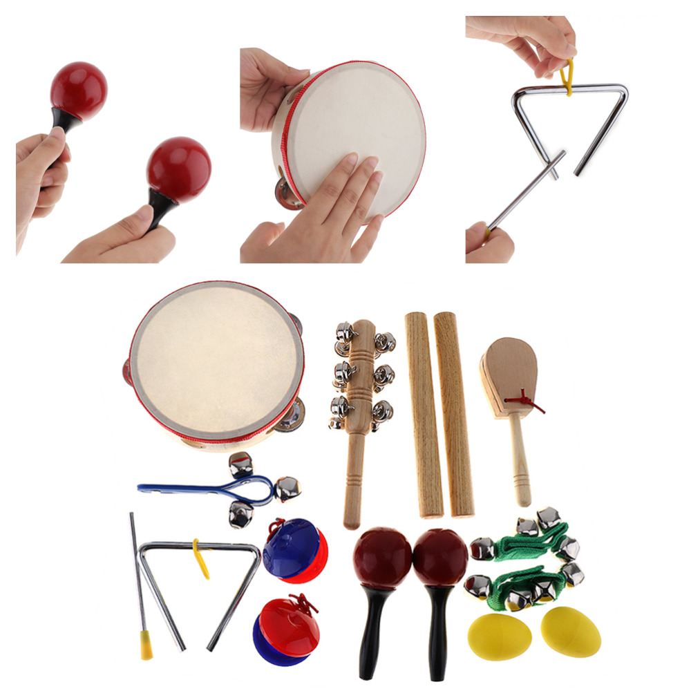 16Pcs Музички Инструмент Поставите 10 Видови Градинка Tambourine Тапан Ударни Играчки за Деца Деца Бебе Рано Образование