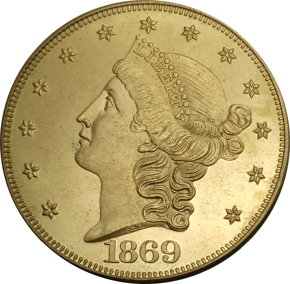 Сад 20 Долари Слобода Глава - Двојно Орао, со мотото ДВАЕСЕТ D. 1869 Година 1869 Година S Месинг Метал Копија Монети