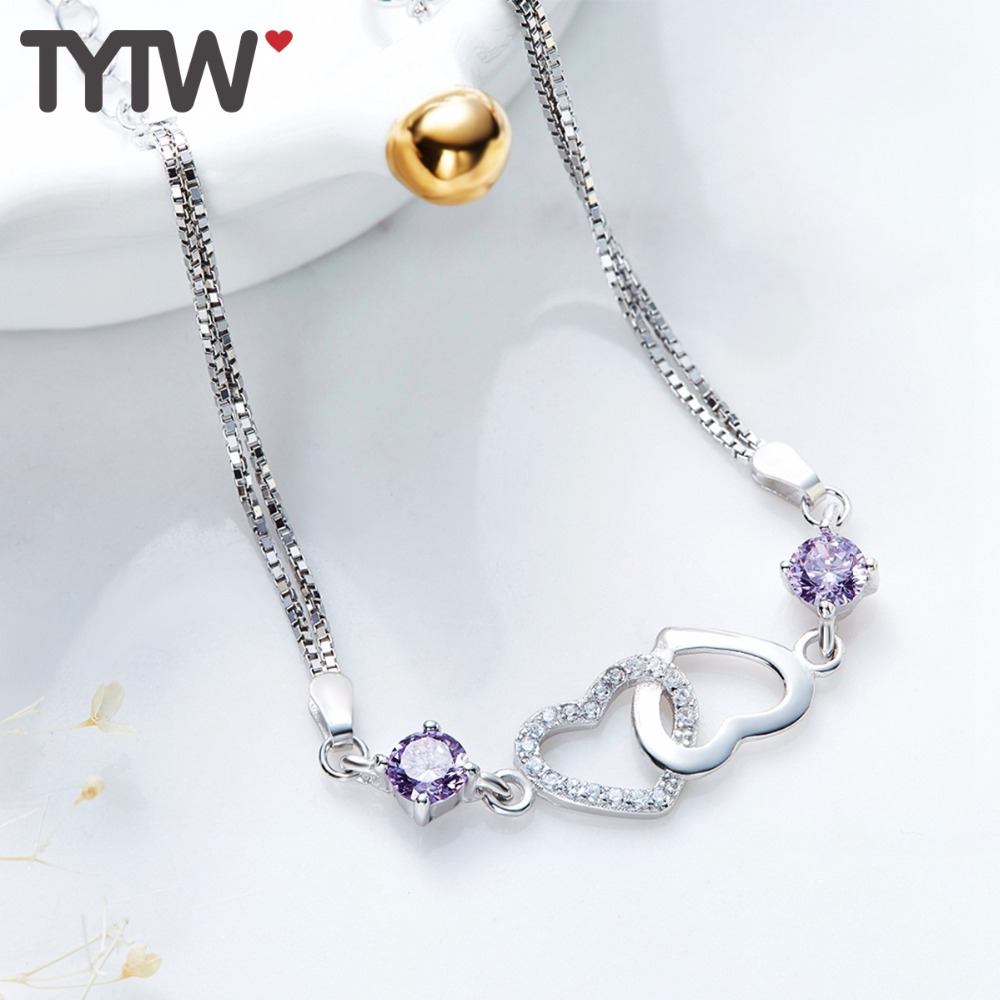 TYTW S925 ААА Циркон кристал Двојно Срцето мода најдобри хривнија femme подарок нараквици за жените сребро шарм хривнија