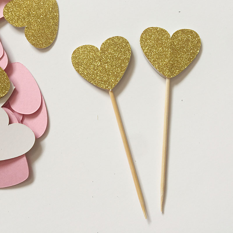 Сјајот Злато/Розова двострано Срцето 1in Cupcake Toppers Свадба Храна Зема Babay Туш Партија Услуги Торта Декорација