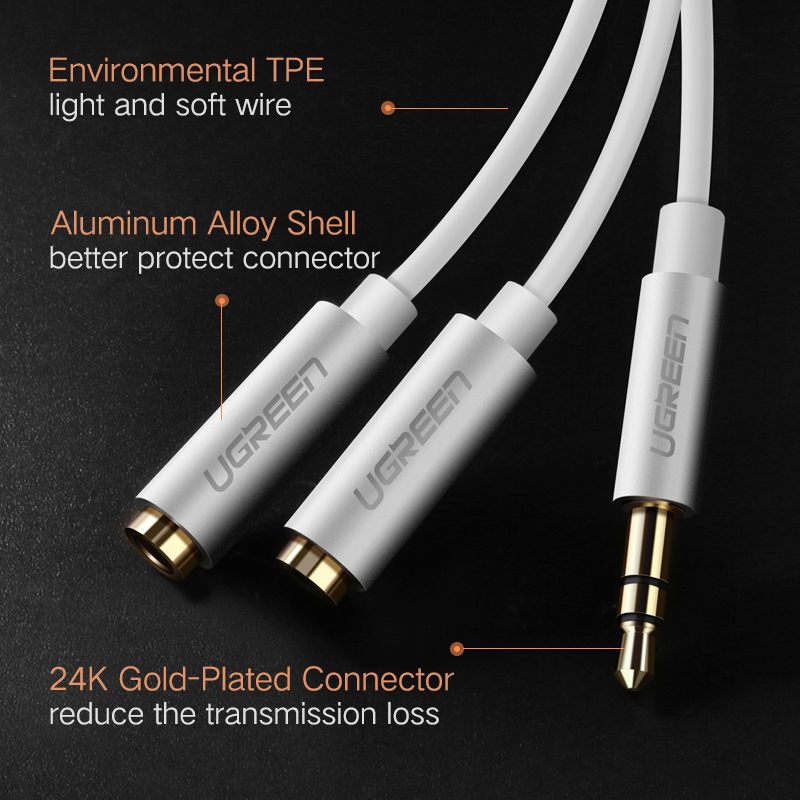 Ugreen џек 3,5 mm приклучок за слушалки splitter адаптер 1 машки 2. женски Y продолжување на аудио кабел за Mp3 iPhone