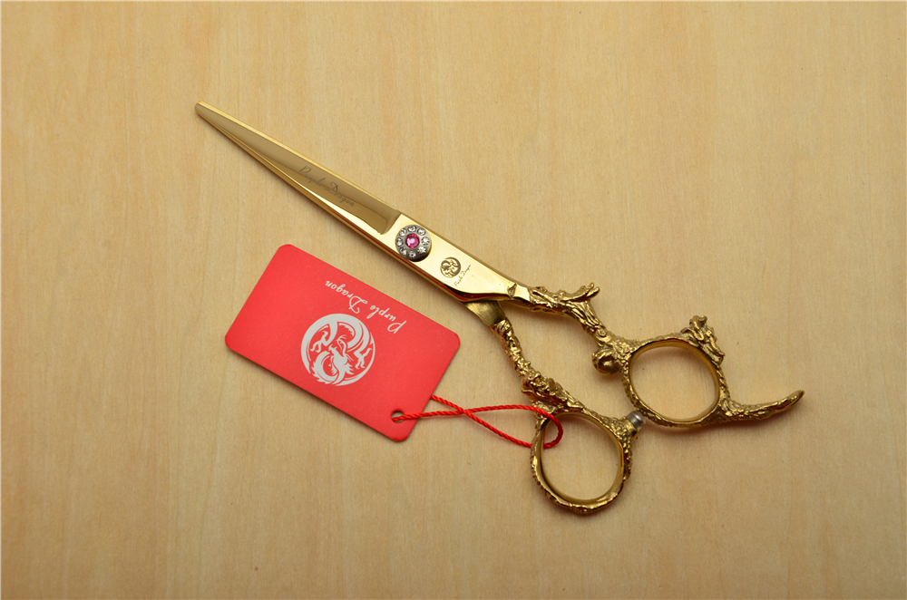 2 парчиња 6 и 17,5 см Златна 440C Професионални Човечка Коса Ножици Фризерски Shears Сечење + Чистење Shears Змеј Резба