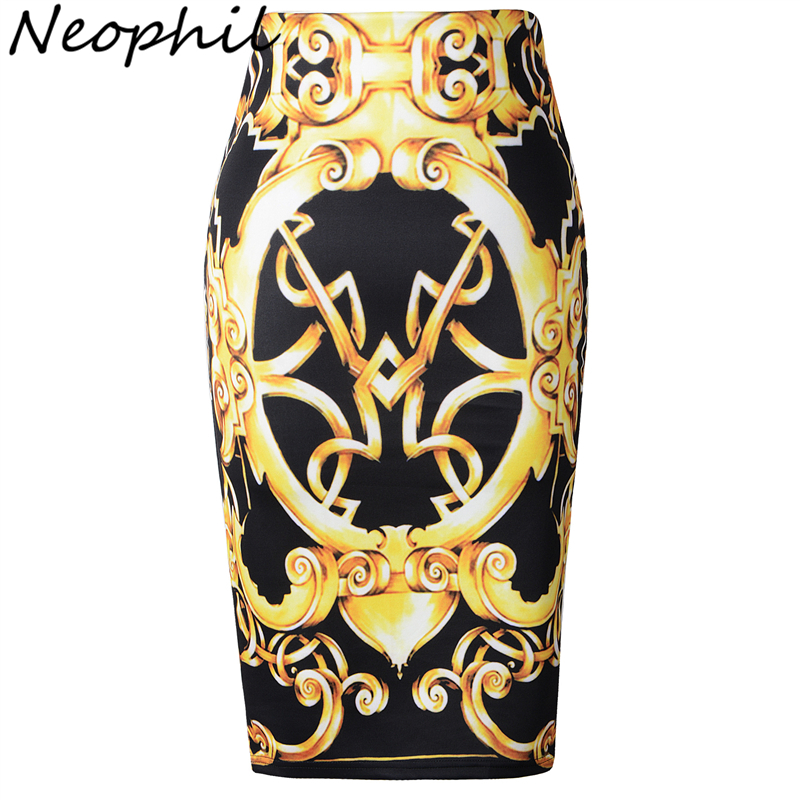 Neophil 2018 Ретро Етничка Злато Тотем Печатење Со Висок Појас Секси Midi Молив Здолништа Женска Плус Големина Црна Тенок Туту Jupe Femme S1003