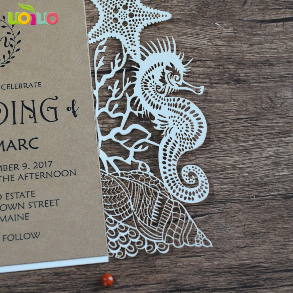 индивидуализира свадба покана картичка seahorse ласерски сече картичка само НЕМА внатрешна хартија БЕЗ плик