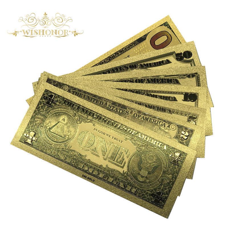 Најдобра Цена За Целосен Сет 7pcs САД $1-100 Доларот во Злато Банкноти Шарени Светот Пари За Сувенири, Златен Банка Забележува Пад Брод