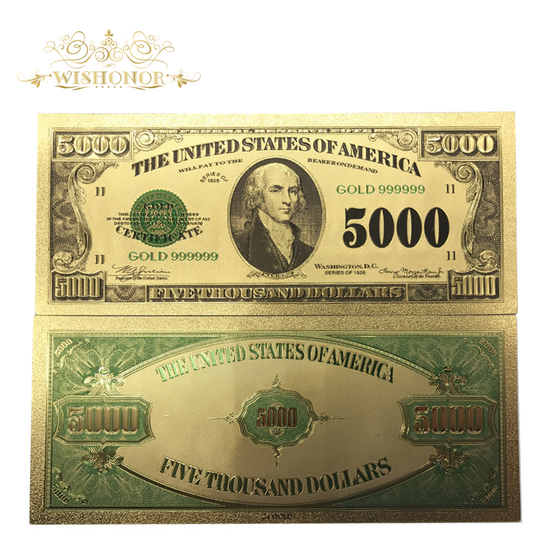 Wishonor 10Pcs/Многу Скапоцен Подарок Америка Обоени Злато Банкноти USD 5000 Долари Банкноти Во 24K Лажни Пари Законот За Собирање