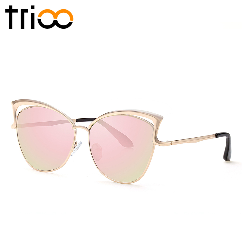 TRIOO Висок Квалитет Мачка Очи Жените очила за сонце се Зголеми Злато Метал Oculos de sol Рефлексивни Лето Розови Очила