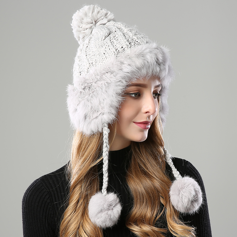 зимски капи за жените beanie девојки 2017 шапка крзно pompom плетени хеклани со уво клапи Skullies кашмир топло со капа