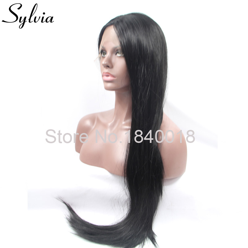 Силвија 1b црна долго свилен директно синтетички чипка пред перика за црна жена glueless отпорни на топлина влакна на косата со средниот дел
